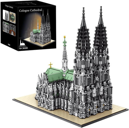 Large twin-spired Gothic cathedral brick model on a baseplate – view 3