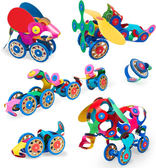 Rolling vehicle built from flexible magnetic pieces and wheels