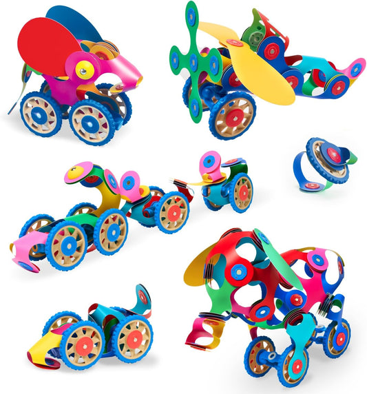 Rolling vehicle built from flexible magnetic pieces and wheels
