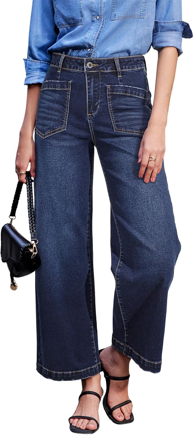 Women's Wide Leg Ankle Jeans - High Waisted Stretch Denim with Four Patch Pockets and Distressing - 2
