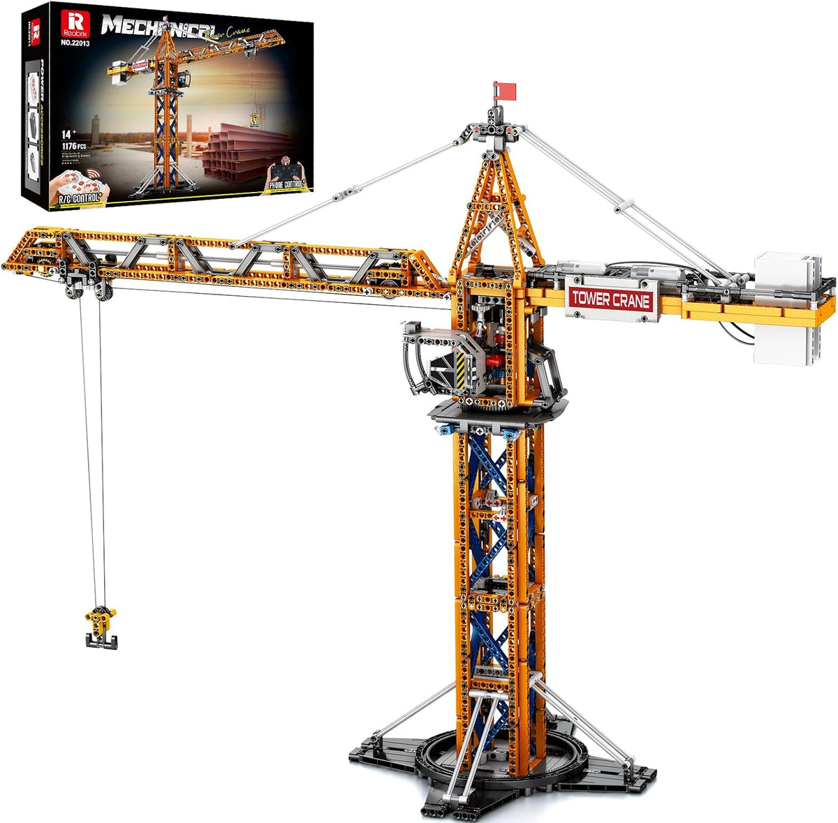 Yellow technical brick tower crane with long jib and hook