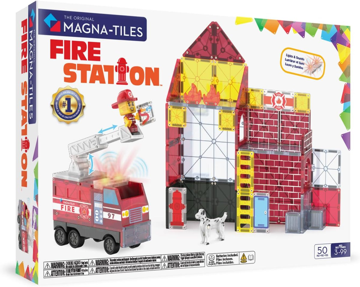Red and clear magnetic tiles built into a small fire station with garage
