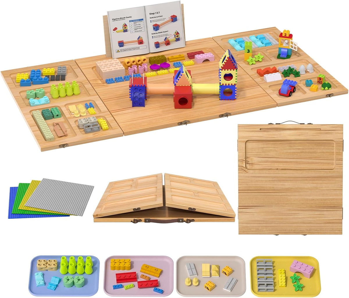 Open tri-fold building table tray with four baseplates and four brick sorting trays