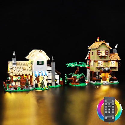 Medieval town square brick model glowing with warm LED lights at night – view 2