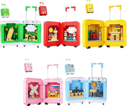 Five small brick-built suitcases opened to show miniature European cityscapes