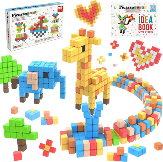 Colorful and black and white 1-inch magnetic cubes built into small figures