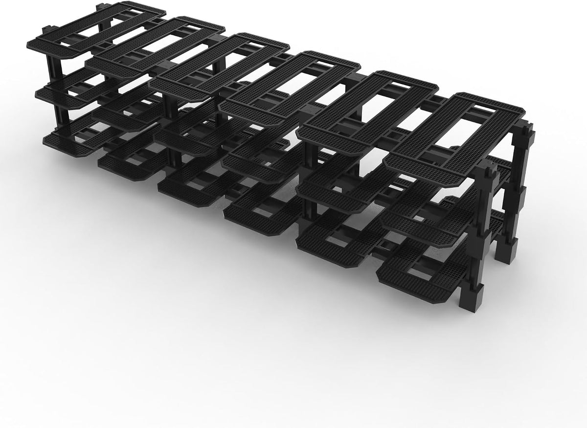 Modular racing garage display rack with small brick race cars in each bay – view 15