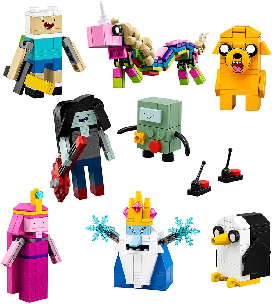 Eight small brick-built cartoon character figures lined up with accessories