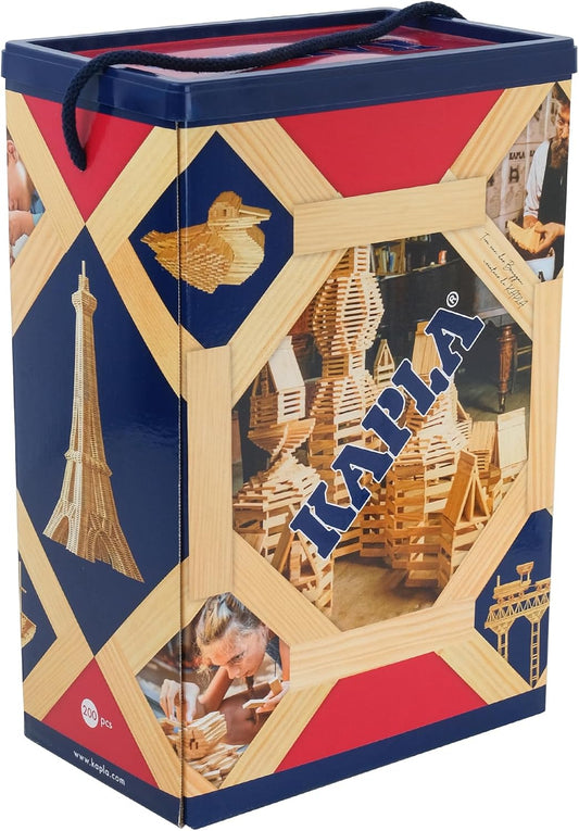 Plain wooden construction bricks stacked into a tall tower and arch