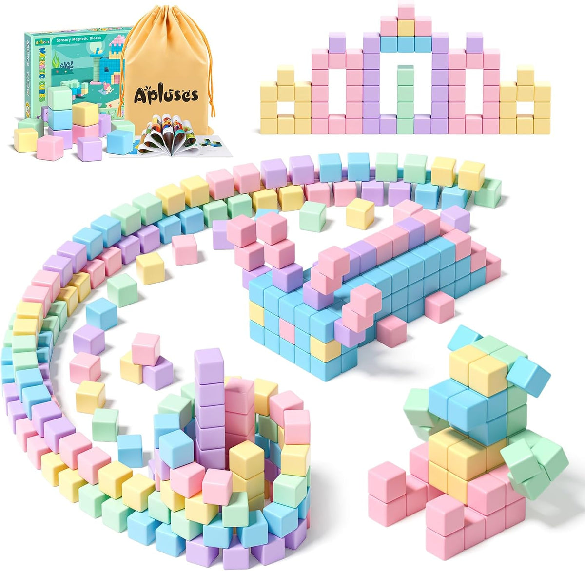 Magnetic cubes in ten bright colors stacked into a rainbow tower and small animal shapes
