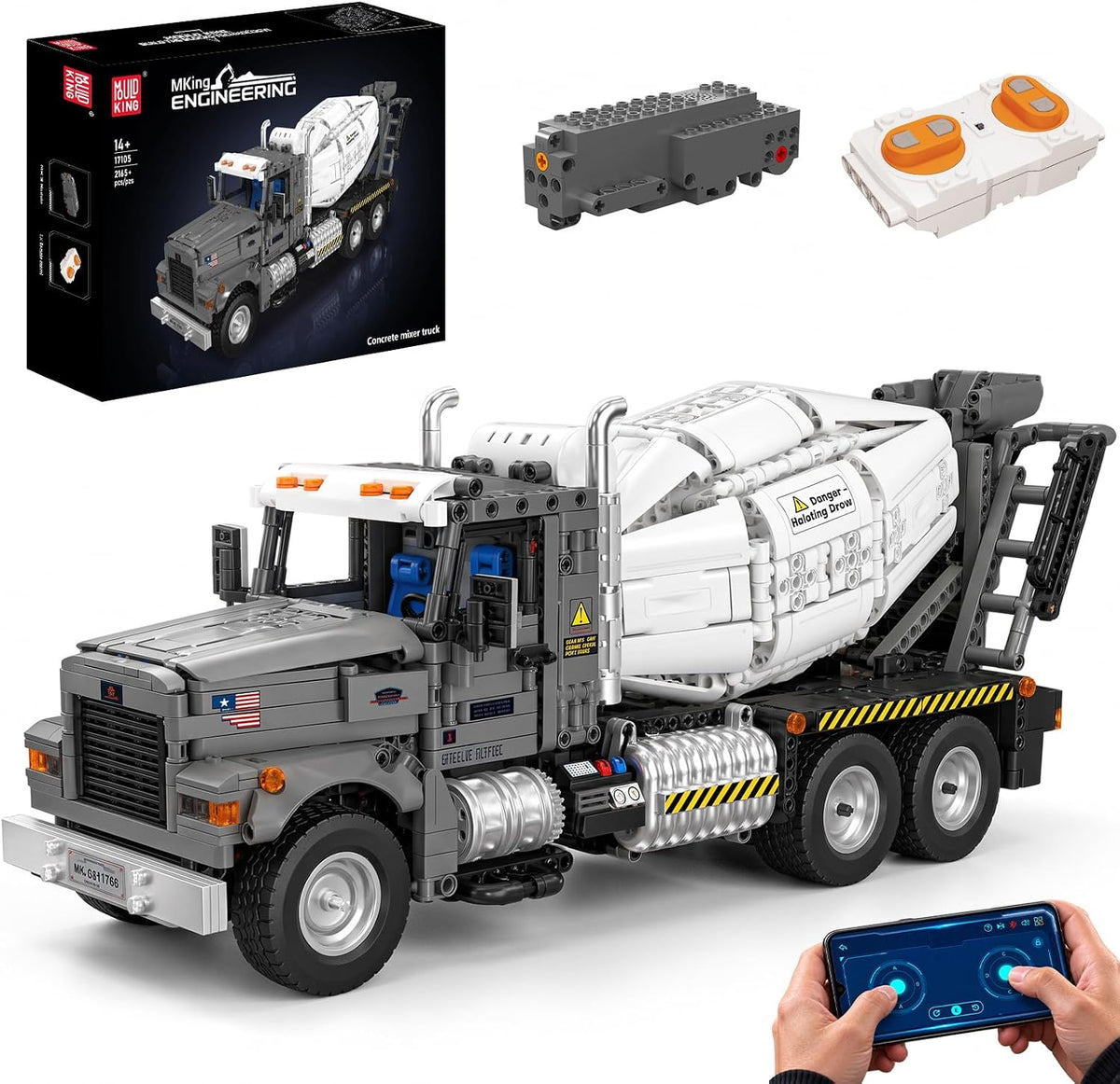 Brick-built concrete mixer truck with large rotating drum and multi-axle chassis