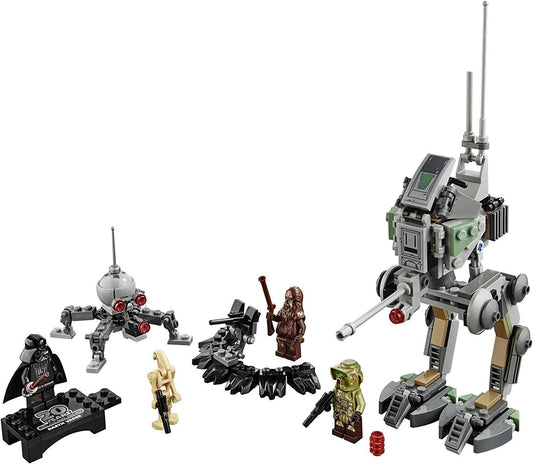 Brick-built two-legged scout walker beside a small spider robot