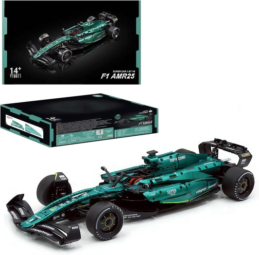 Green 1:8 scale open-wheel race car brick model with exposed engine, side view