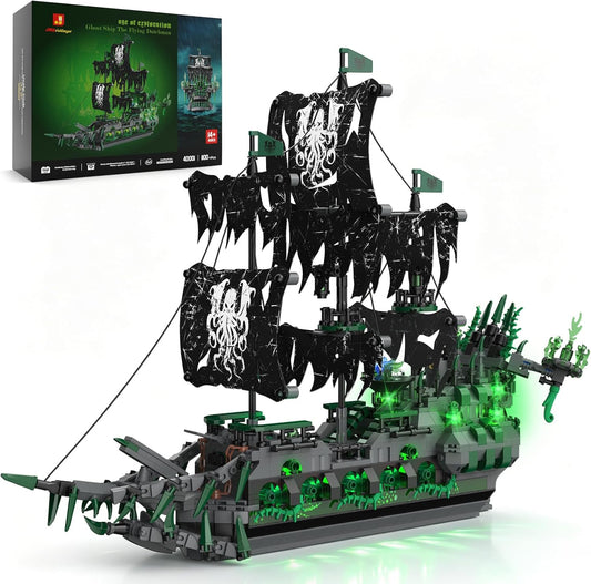 Brick-built ghost pirate ship with tattered sails lit by LED lights