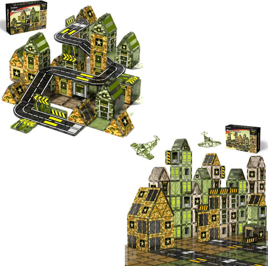 Colorful magnetic tiles built into an army base with barracks, towers and military vehicle pieces