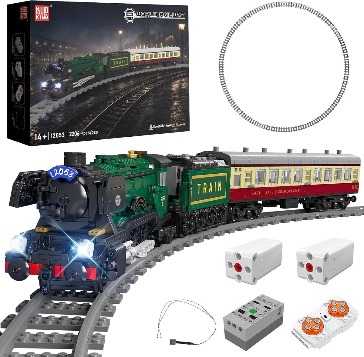 Brick-built black classic steam locomotive and tender with glowing LED headlights on track