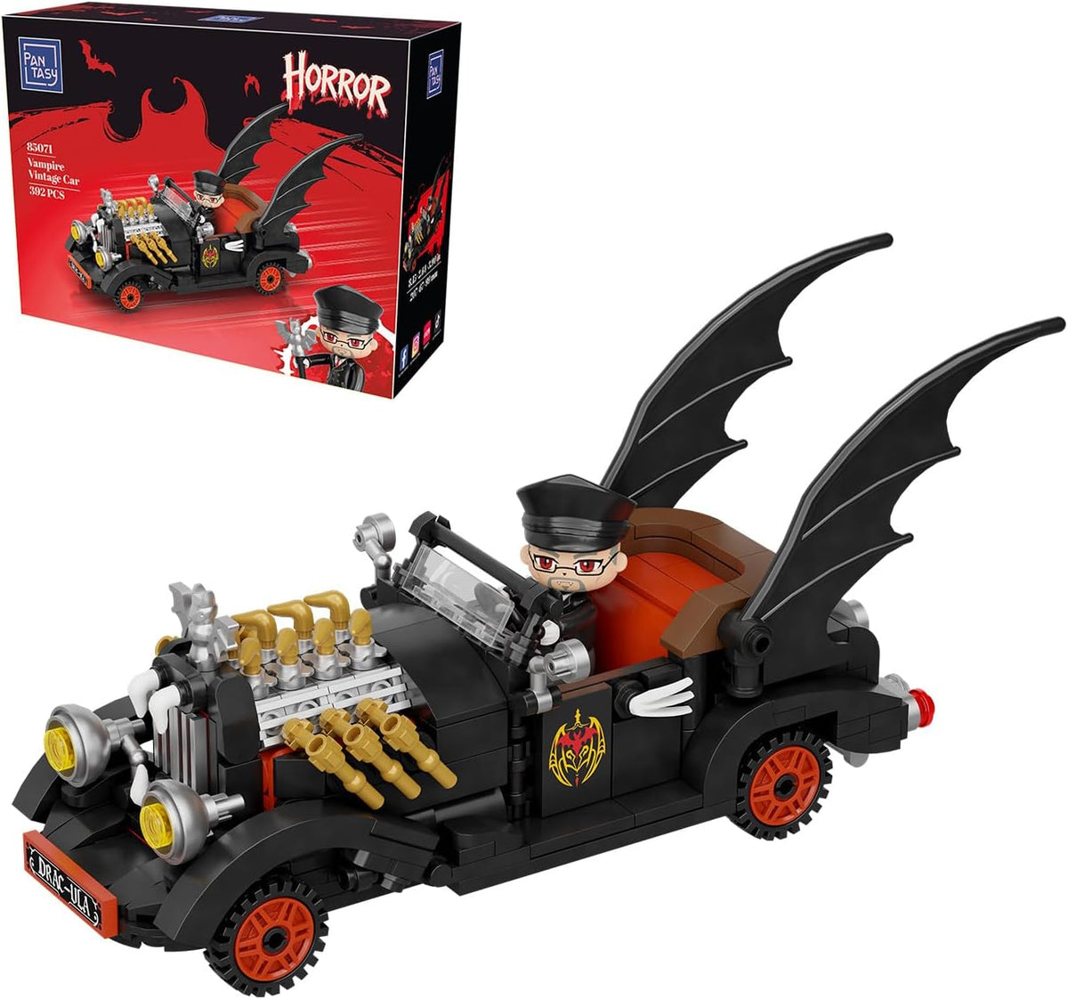 Gothic two-storey haunted theatre brick model lit by LED lights with ghost figures – view 3