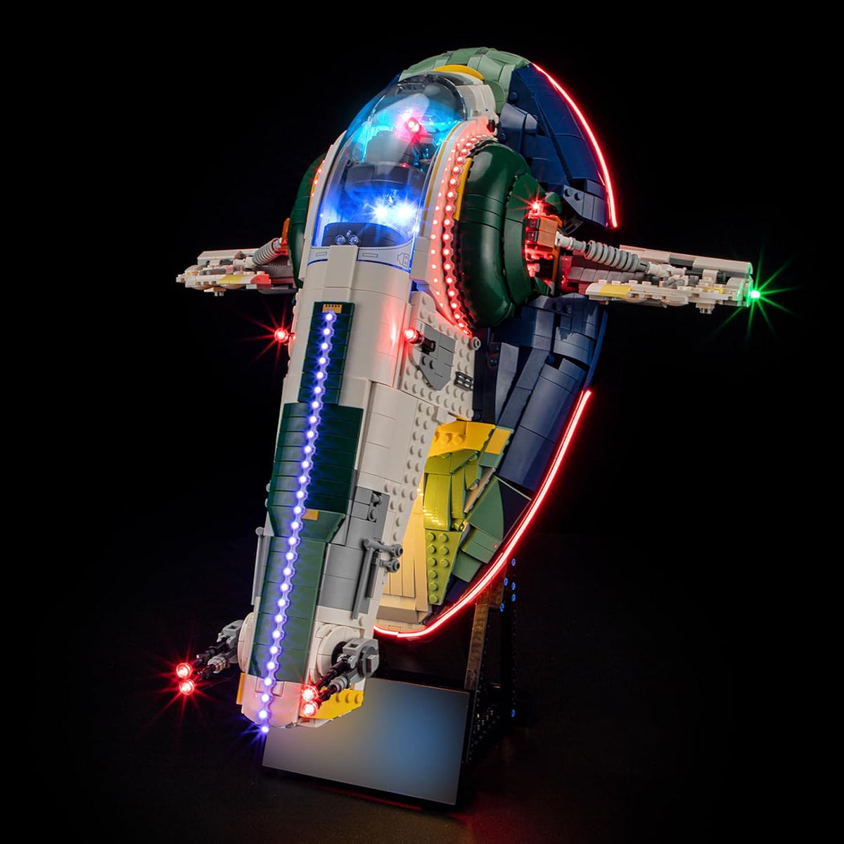 Armored bounty hunter patrol ship brick model with glowing engine and cockpit LEDs