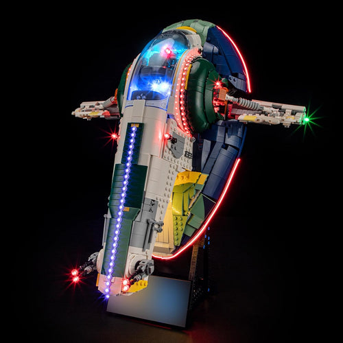Armored bounty hunter patrol ship brick model with glowing engine and cockpit LEDs