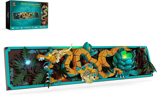 Framed tile mosaic of a mythic dragon among flowers lit by LED lights