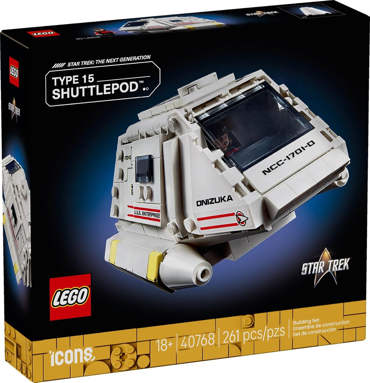 Brick-built sci-fi shuttlepod with wing doors open and a crew figure