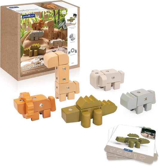Wooden snap-together blocks assembled into colorful animals