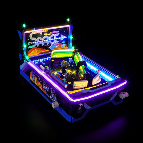 Brick-built arcade pinball machine lit with an add-on LED light kit