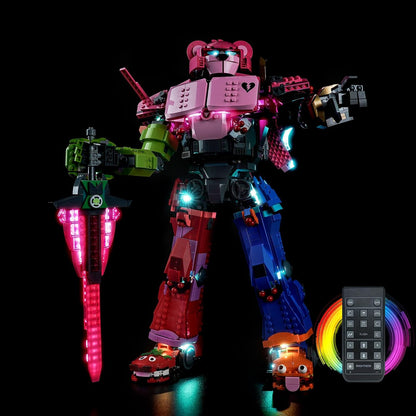 LED lights glowing inside a large mech pilot brick figure