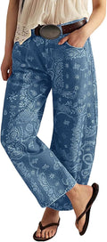 Women's Floral Print Barrel Jeans - Mid Rise Baggy Wide Leg Ankle Denim with Patchwork Detail - Small