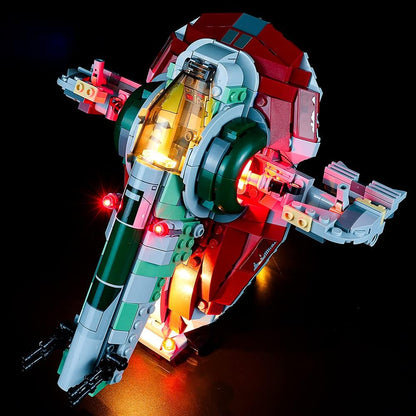 Sci-fi exploration starship brick model lit by LED lights on its saucer and engines – view 2