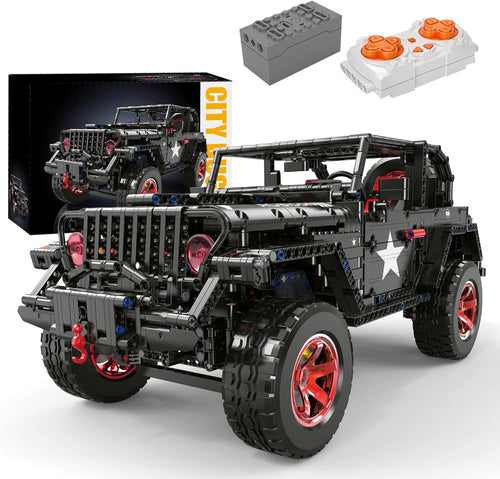 Large brick-built black remote control off-road SUV with lights on