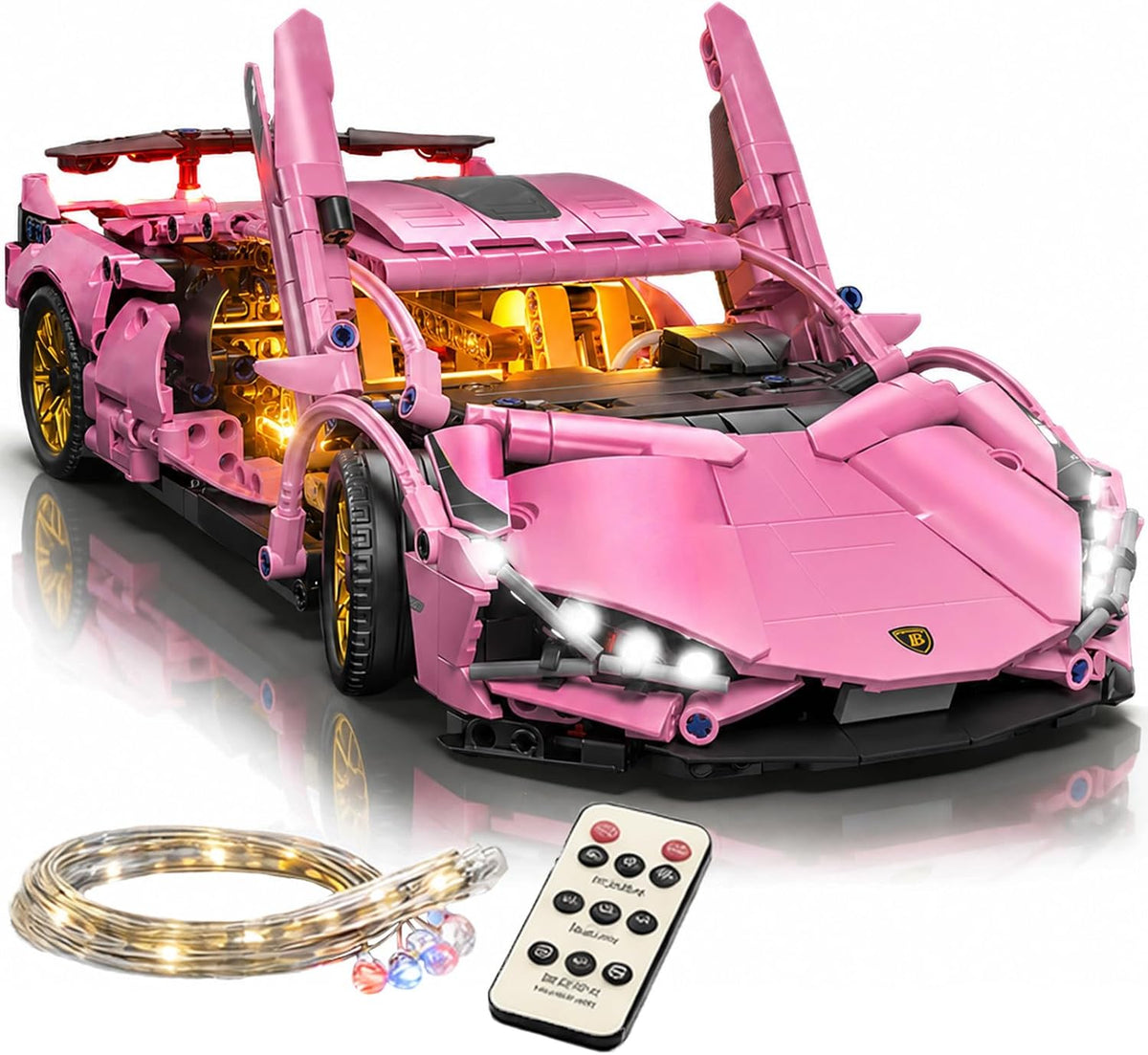 Brick-built large-scale racing car with glowing LED headlights
