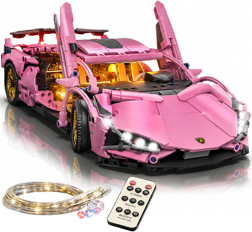 Brick-built large-scale racing car with glowing LED headlights