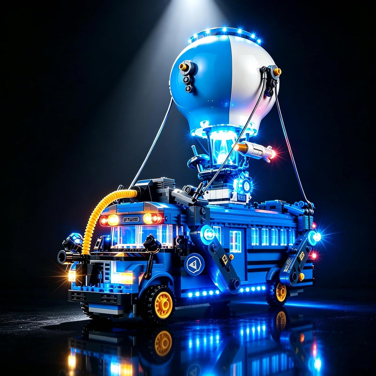 Brick-built mecha robot lit with blue and white LEDs in a dark setting – view 3