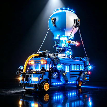Brick-built mecha robot lit with blue and white LEDs in a dark setting – view 3