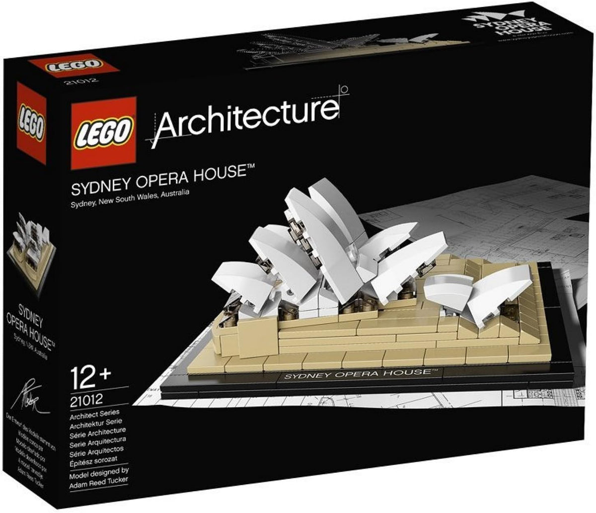 Brick-built Sydney Opera House model with white overlapping shell roofs on a base
