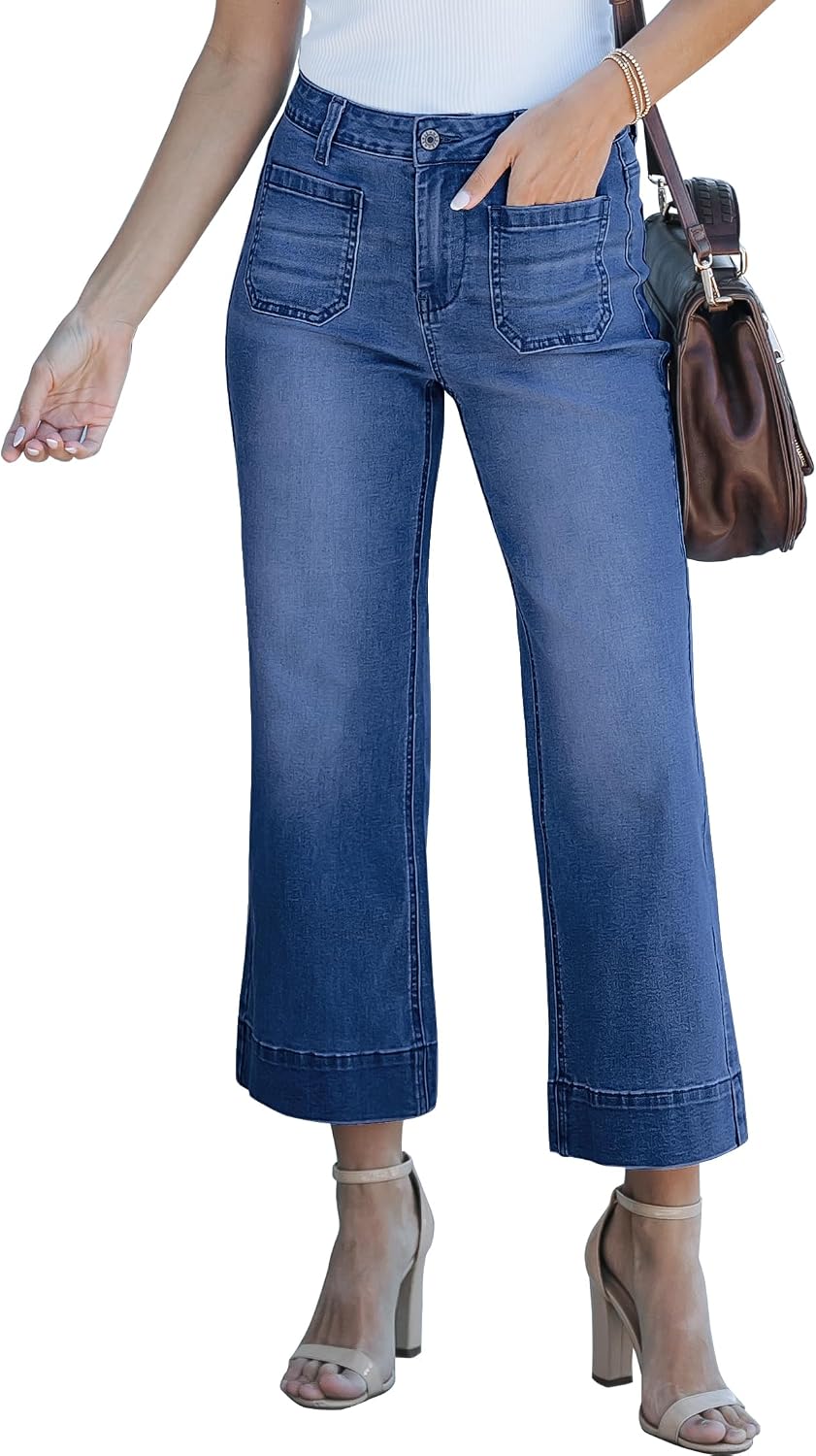 Women's Cropped Flare Jeans - High Rise Wide Leg Denim with Front Patch Pockets for Concert Outfits - Medium