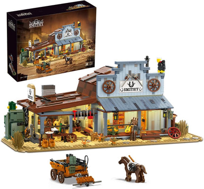 Brick-built western trading store and blacksmith shop with horse stable