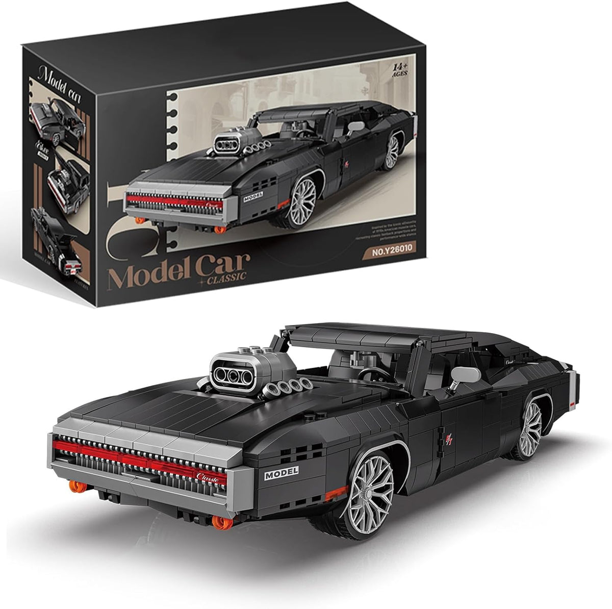 Brick-built black classic American muscle car at 1:16 scale