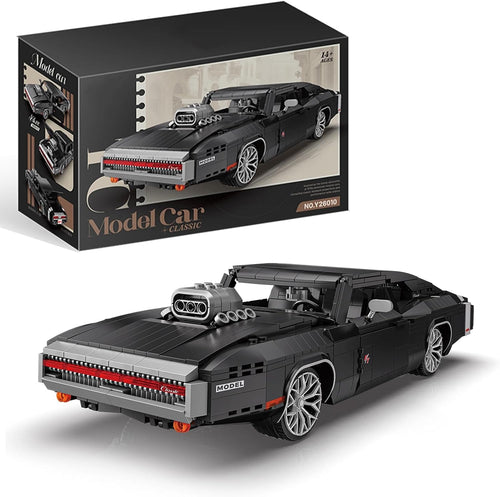 Brick-built black classic American muscle car at 1:16 scale