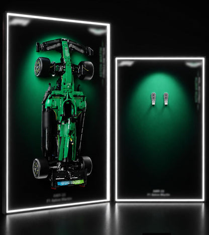 Formula race car brick model on a lit acrylic wall display board – view 7