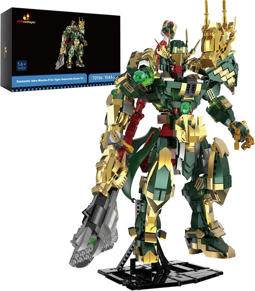 Green and black mech robot brick model with metallic parts in an action pose
