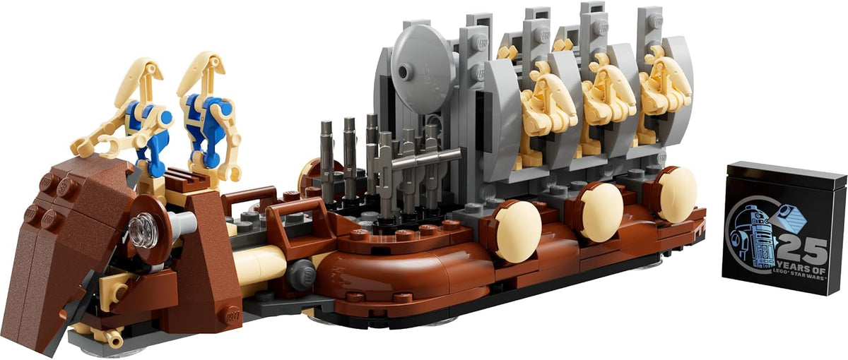 Brick-built space troop transport with unfolded rack holding droid figures