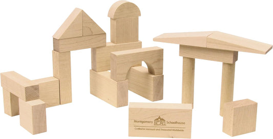 Natural hardwood starter blocks in eight shapes with storage box