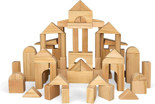 Natural hardwood unit blocks stacked in a wooden storage tray