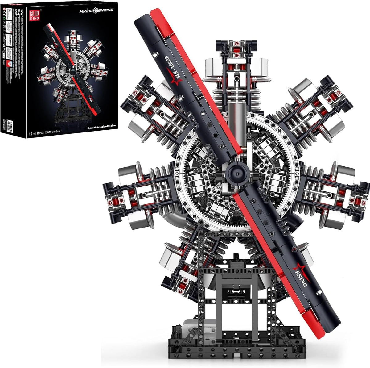 Brick radial aircraft engine with spinning propeller and exhaust pipes