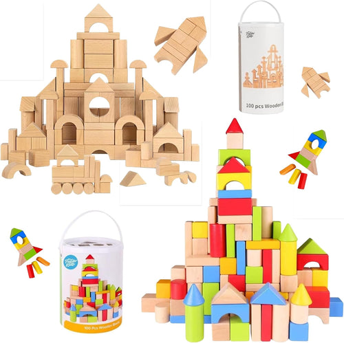 Colorful and natural beech wooden blocks beside a storage bucket with sorter lid
