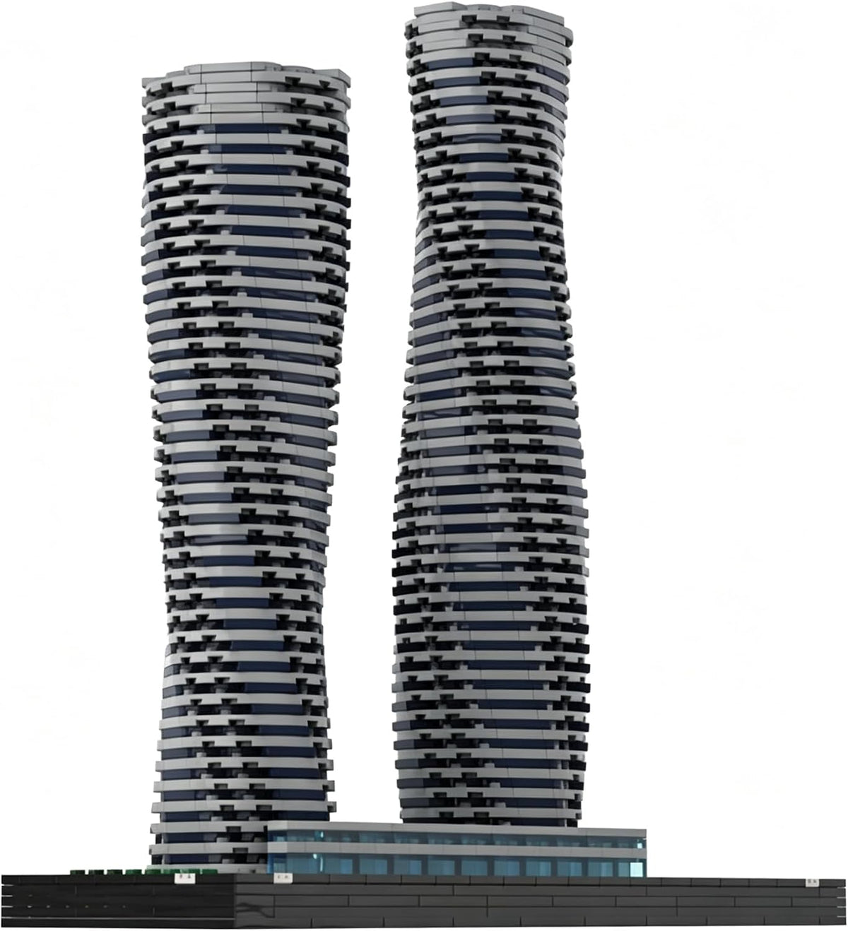 Brick-built curved white skyscraper with twisting flowing balconies