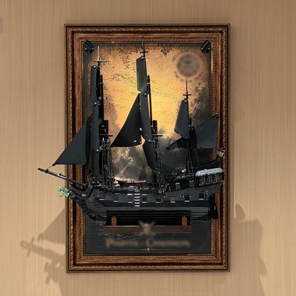 Pirate ship brick model mounted on a black wall display board – view 2
