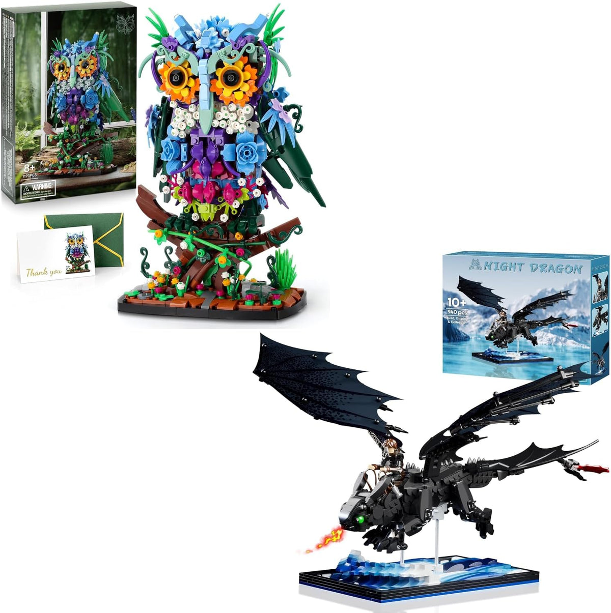 Brick-built owl covered in red flowers next to a dark winged night dragon